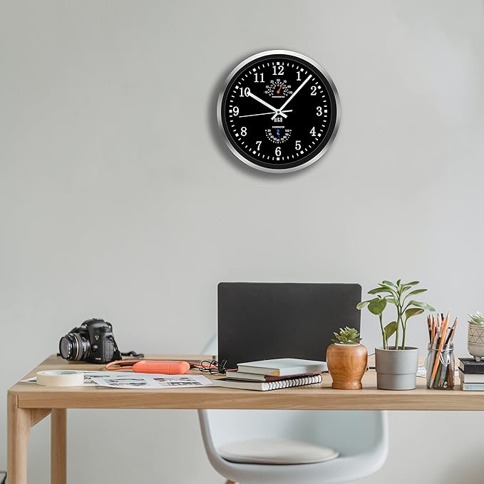 HITO 12 Inch Silent Wall Clock Battery Operated Non Ticking Glass Cover Silver Aluminum Frame, for Kitchen, Bedroom, Home Office, Living Room Decor (12" Black)