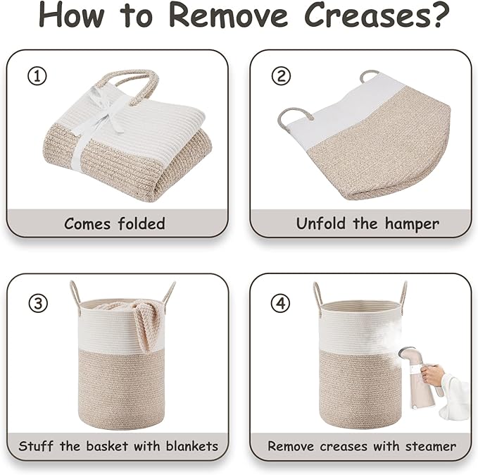 VIPOSCO Large Laundry Hamper, Tall Woven Rope Storage Basket for Blanket, Toys, Dirty Clothes in Living Room, Bathroom, Bedroom - 100L White & Brown