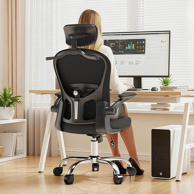 Ergonomic Office Chair High Back with Adjustable Lumbar Support, Mesh Computer Chair with Headrest and Flip-Up Arms for Executive, 90-120° Tilt Lock Swivel Rolling Task Chairs(Black)