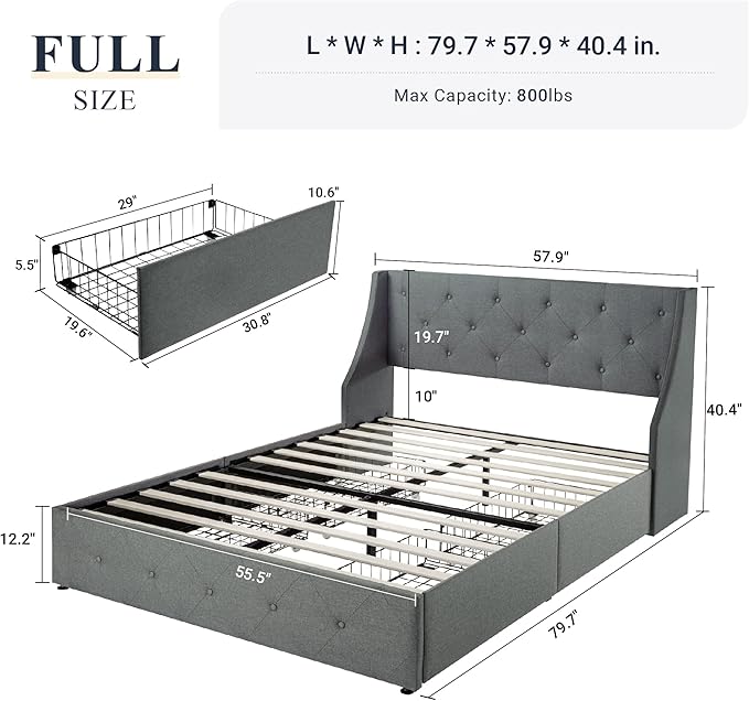 Allewie Full Size Bed Frame with 4 Storage Drawers and Wingback Headboard, Button Tufted Design, No Box Spring Needed, Light Grey
