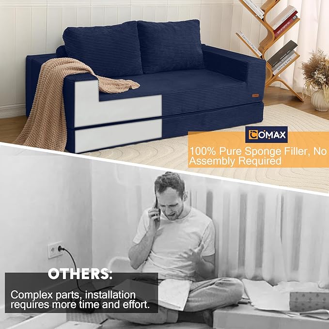 COMAX Convertible Sofa Bed Queen, Corduroy Folding Floor Couch Pull Out Couch Bed Futon Sleeper with Pillows, Fold Out Boneless Sofa Comfy Lounge Mattress Loveseat for Living Room Bedroom, Navy