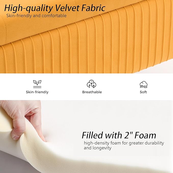 Velvet Storage Bench for Bedroom, Rectangle Upholstered End of Bed Bench Modern Tufted Ottoman with Gold Legs for Living Room/Window/Entryway (Mustard Yellow-45.5" W)