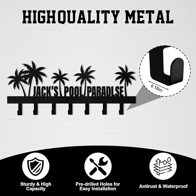 Personalized Key Holder for Wall, Beach Theme Key Holder Wall Mount with Hooks, Coconut Trees Key Hanger Wall Decor for Pool Bathroom Hallway Entryway Office, Customized Home Decor Gifts Color08