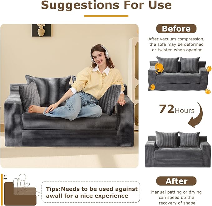 Convertible Sofa Bed, 3 in 1 Loveseat Folding Couch Bed Foldable - Chaise Lounge Chair & Floor Futon Sleeper, Corduroy Pull Out Sofa Bed with 4 Pillows for Living Room, Beige
