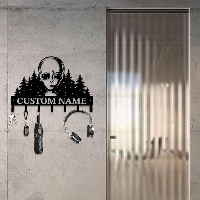 Personalized Custom Alien ET Metal Wall Keys Hooks,Clothes Hooks Alien ET Art Coat Racks,Door Holder,Black Alien ET Decorations for Home,Entrance Doors,Hallway, Bedroom,Keys,Hats (Style B)