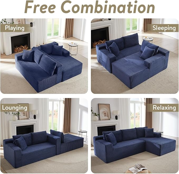 Modular Cloud Sectional Couch with L-Shape Chaise,Modern Upholstered Couches with Deep Seat,Corduroy Sponge Compressed Sofa for Living Room, Bedroom,No Assembly Required (Blue)