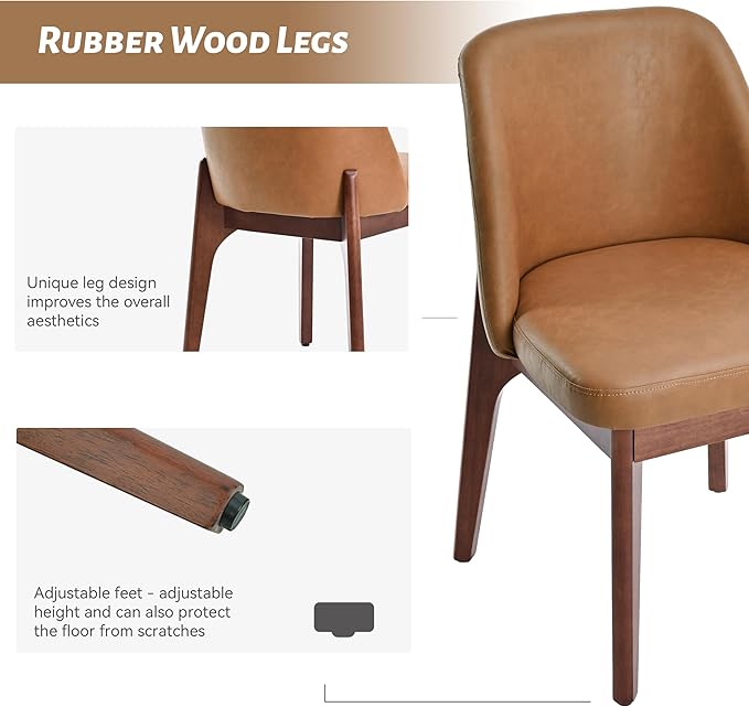 VKNOW Modern Dining Chairs Set of 2, Faux Leather Kitchen Chairs with Wood Legs, Upholstered Side Chair for Kitchen Dining Room, Brown