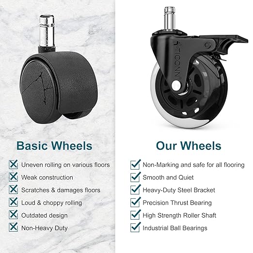 TICONN Office Chair Caster Wheels Set of 5 for Tile, Hardwood Floors and Carpets, Universal Fit for Most Chairs (Transparent with Brake)