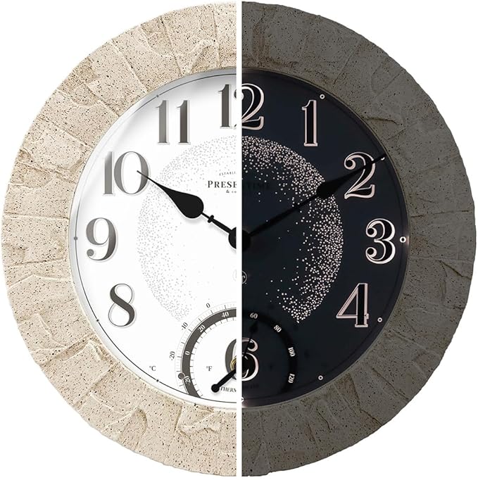 Presentime & Co 14" Illuminated in/Outdoor Clock with Smart Sensor and Night Light, Waterproof, Large Wall Clock with Thermometer & Hygrometer, for Garden and Patio - Coastal Sandstone Finish.