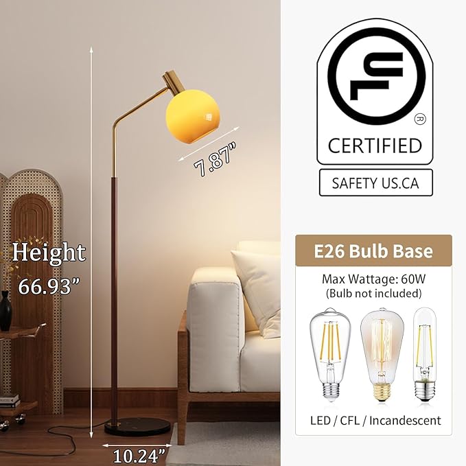 MIXL-Walnut Wood Finish Floor Lamp with Orange Shade,Dimmable Led Glass Standing Lamp,Farmhouse Style Floor Reading Lamps for Living Room Bedroom and Office