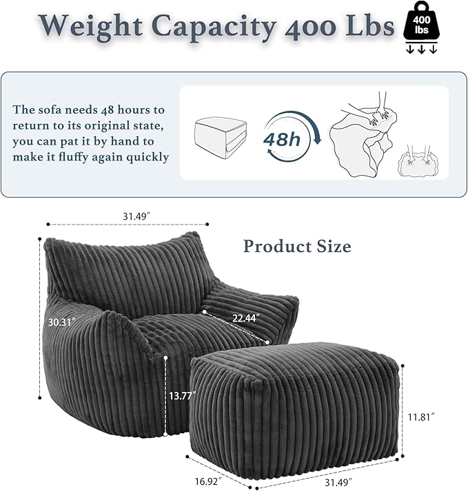 Oversized Bean Bag Chaise Lounge Chair Indoor for Adults with Armrests & Ottoman - Giant Comfy Gray Beanbag Floor Sofa Cloud Accent Chair for Reading, Gaming, Cozy Plush Cloud Mini Couch