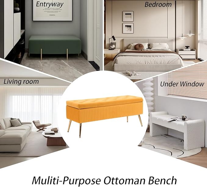 Velvet Storage Bench for Bedroom, Rectangle Upholstered End of Bed Bench Modern Tufted Ottoman with Gold Legs for Living Room/Window/Entryway (Mustard Yellow-45.5" W)