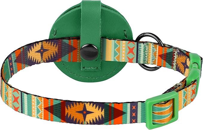 Airtag Cat Collar with Bell - Non Breakaway Soft Pet Collar with Leather Air Tag Holder - Adjustable GPS Anti-Lost Collars for Girl Boy Cats Kitten Puppies, Lightweight and Patterned (Mexican Green)