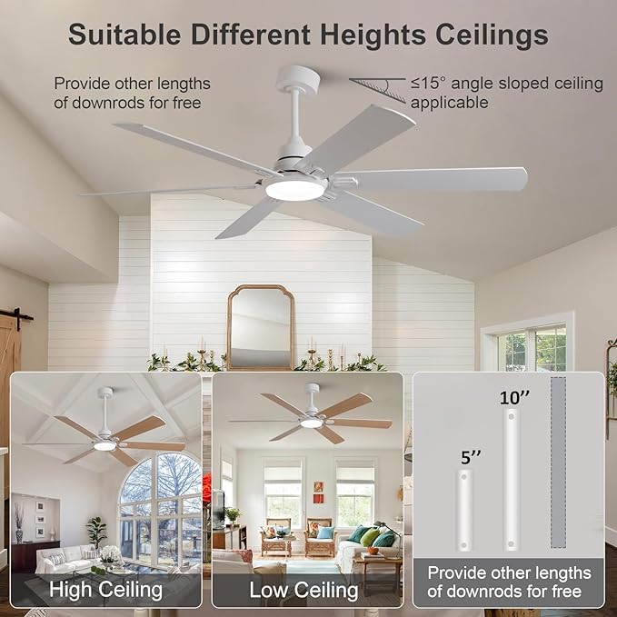 BOOMJOY 60 Inch Ceiling Fans with Lights and Remote,Outdoor/Indoor Ceiling Fan with Quiet Reversible DC Motor, 6 Blades White Ceiling Fan for Living Room Patio Bedroom