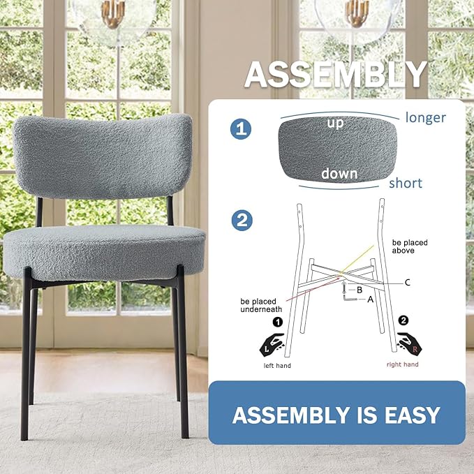 Grey Boucle Dining Chairs Set of 2, Upholstered Dinner Chair with Metal Frame, Dining Room Chairs with Padded Seat, Round Modern Seating for Living Room
