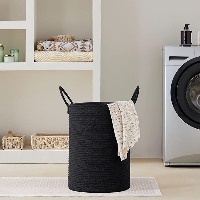 VIPOSCO Large Laundry Hamper, Tall Woven Rope Storage Basket for Blanket, Toys, Dirty Clothes in Living Room, Bathroom, Bedroom - 58L Black