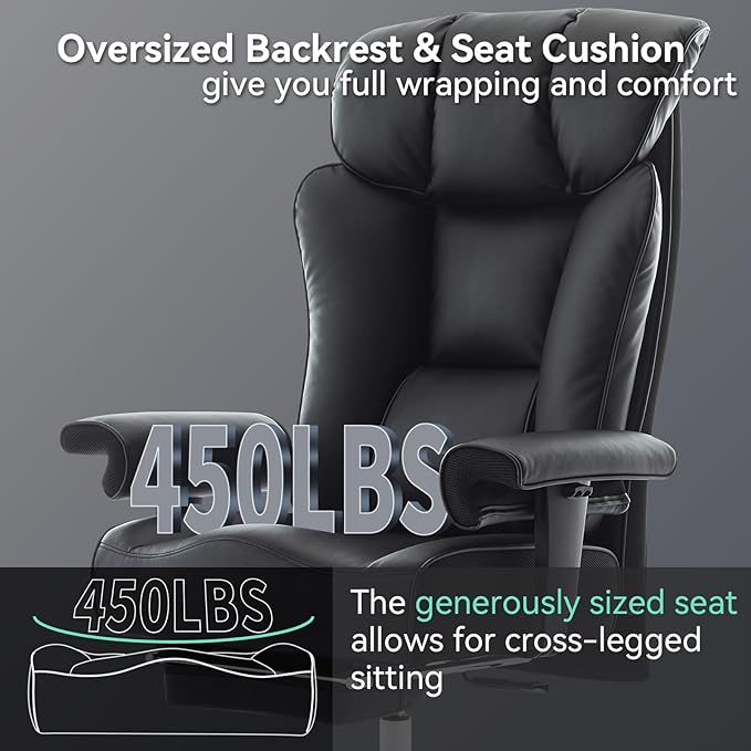 Efomao Big and Tall Office Chair 450lbs, Heavy Duty Executive Office Chair with Lumbar Support, Adjustable Armrests & Footrest, Ergonomic High Back Desk Chair for Home Office, Black