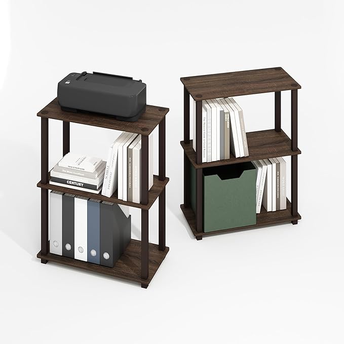 Furinno Turn-S-Tube Storage Shelves Set of 2, 3-Tier Book Shelf, Corner Shelf, Toolless Open Shelves, Square Tubes, for Organization and Storage, Living Room, Garage, Home Office, Black Walnut