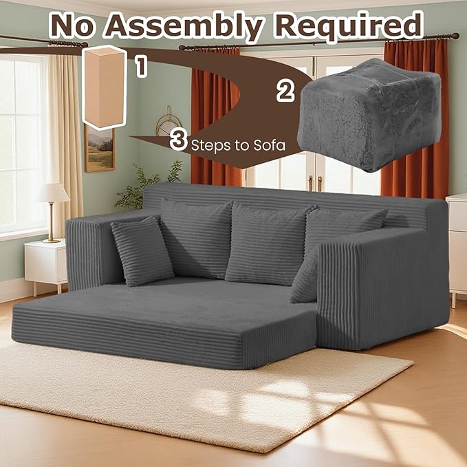 3 Seater Boneless Couch for Living Room, Convertible Futon Sofa Bed Comfy Pull Out Couch with 5 Pillows & Detachable Washable Cover, Upholstered Floor Sofa in A Box, No Assembly Required, Grey