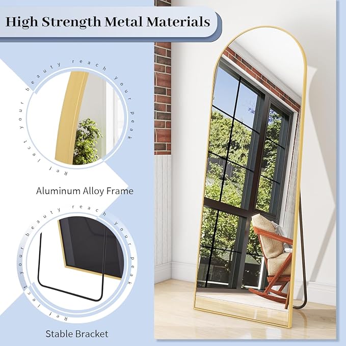 BEAUTYPEAK 64"x21" Arch Floor Mirror, Full Length Wall Hanging or Leaning Arched-Top Full Body Mirror with Stand for Bedroom, Dressing Room, Gold