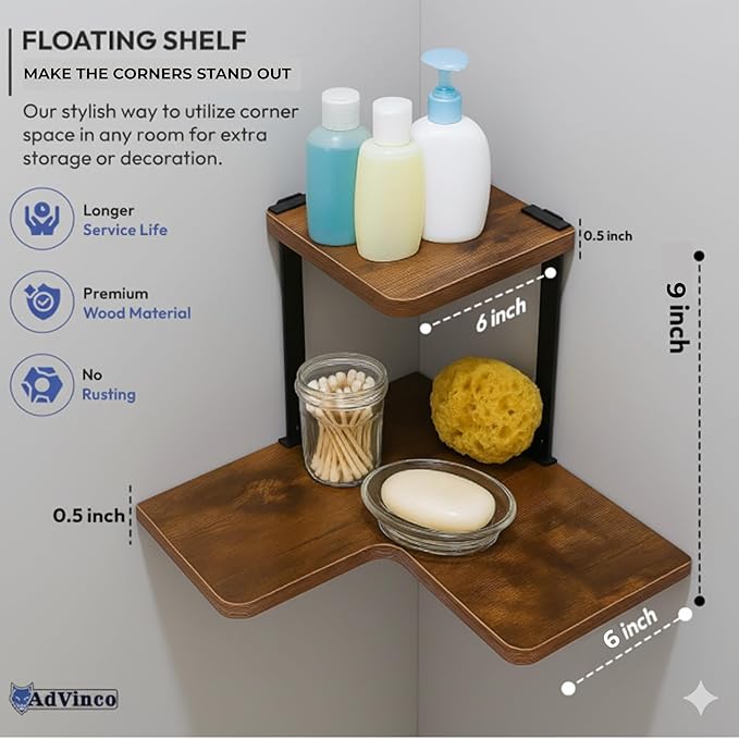Rustic Brown Floating Shelves Set of 2 with Corner Shelf – Wood Wall Mounted Shelves for Kitchen, Bathroom, Living Room & Office Decor – Heavy Duty Storage Display, Easy Installation Included