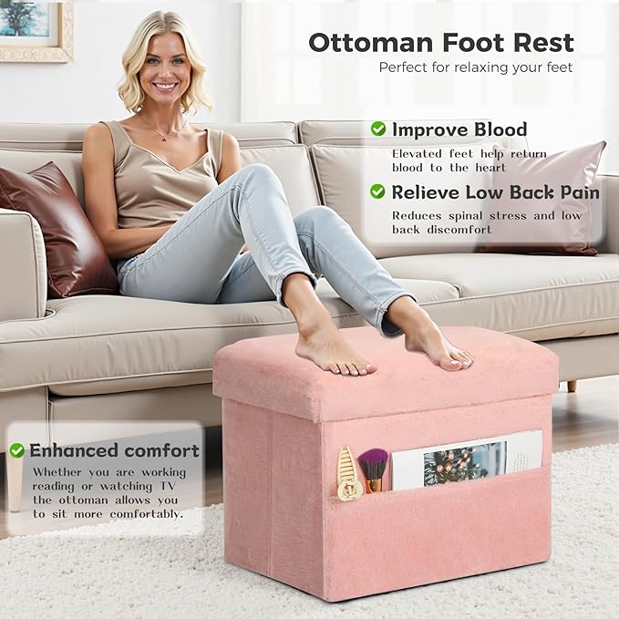 Storage Ottoman, Folding Ottoman Foot Rest Stool with Thicker Furry Padded Seat. Soft Fur Small Ottoman Bench with Storage for Bedroom Living Room, Holds Up to 300 lbs, 17x13x13IN (Pink)