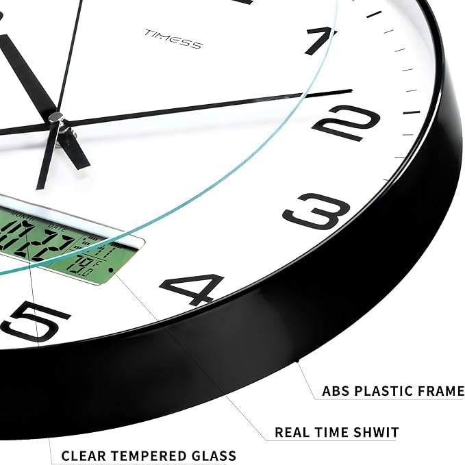 Wall Clock, 14" Large Dial Non-Ticking Silent Battery Operated Analog with LCD Display for Perpetual Calendar and F° Temperature, Ideal Modern Home, Bedroom, Office Decor (Black)