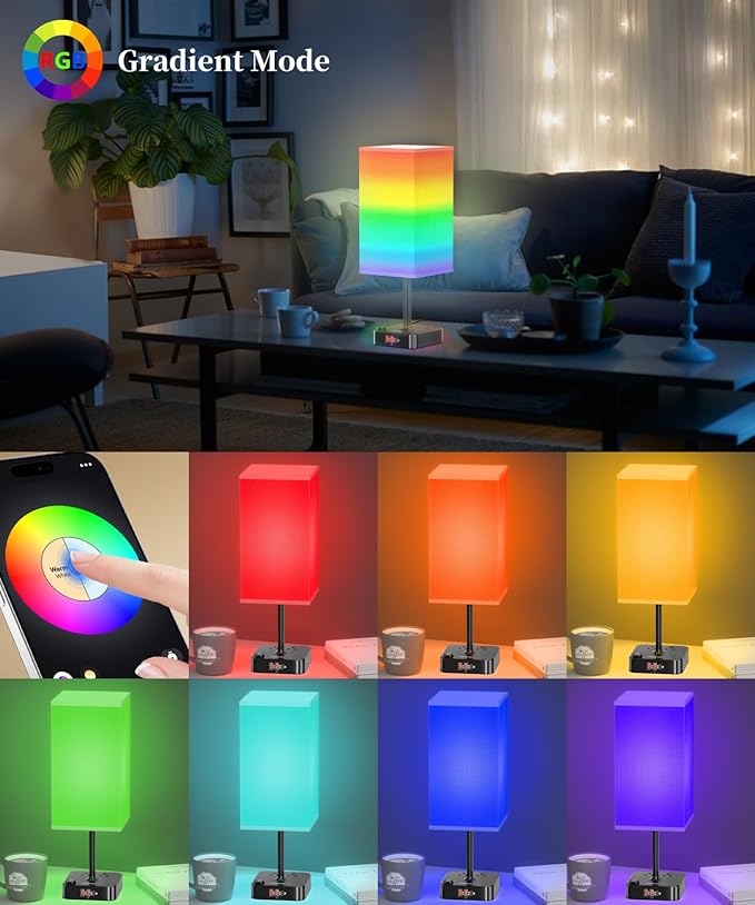 cozoo Bluetooth/WiFi RGB & USB Bedside Table Lamp with 3 USB Charging Ports and 2 Outlets Power Strip, LED Light Bulb Dimmable, Music Sync RGB Color Changing Light for Party Home/Bedroom/Living Room