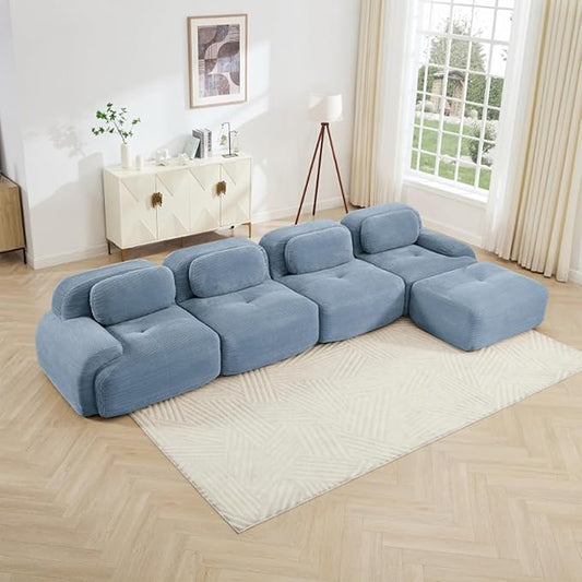 152" Modern Corduroy Cloud Sofa with Ottoman, L Shaped Boneless Modular Large Sectional Couches for Living Room, Blue 4 Seater Compressed Memory Foam Couch, Extra Deep Seat, No Assembly