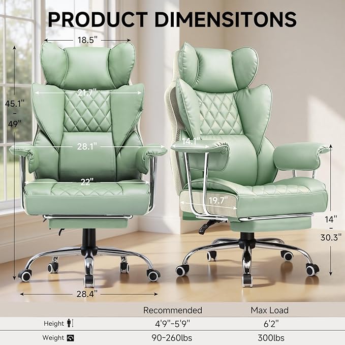 COMHOMA Big and Tall Office Chair, High Back Leather Gaming Chair with Footrest, Executive Ergonomic Office Chairs with Pocket Spring Lumbar Support and with Outward Fixed Soft Armrests