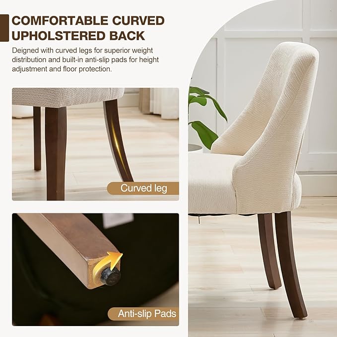 UVV Wooden Dining Chairs Set of 2, Mid Century Modern Fabric Upholstered Dining Room Chair Kitchen Chairs, Farmhouse Dinner Chair with Solid Wood Legs for Kitchen Dining Room, Beige