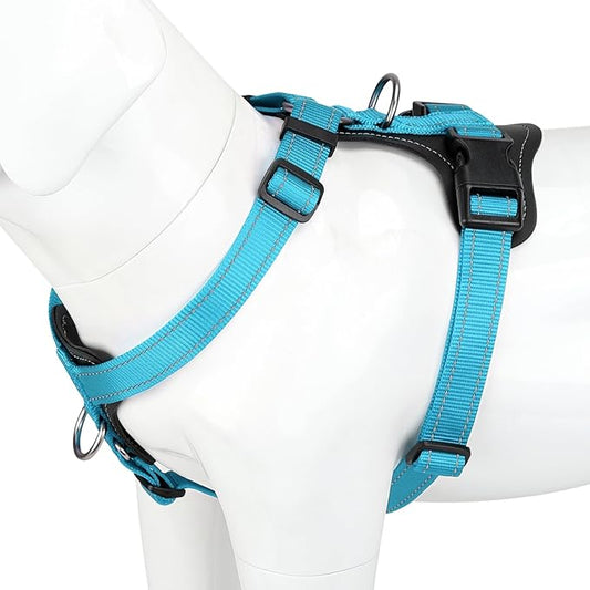 Plutus Pet Adjustable No Pull Dog Harness with Leather Accents, Heavy Duty Reflective Nylon Vest for Training, Hiking, Easy Walk Harness for Small, Medium, Large Dogs (Light Blue, S)