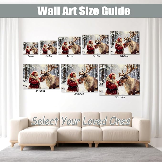 Vintage Reindeer and Santa Claus Christmas Wall Art, Rustic Framed Christmas Picture for Livingroom Bedroom, Ready-to-Hang Christmas Gifts & Festive Winter Wall Decorations