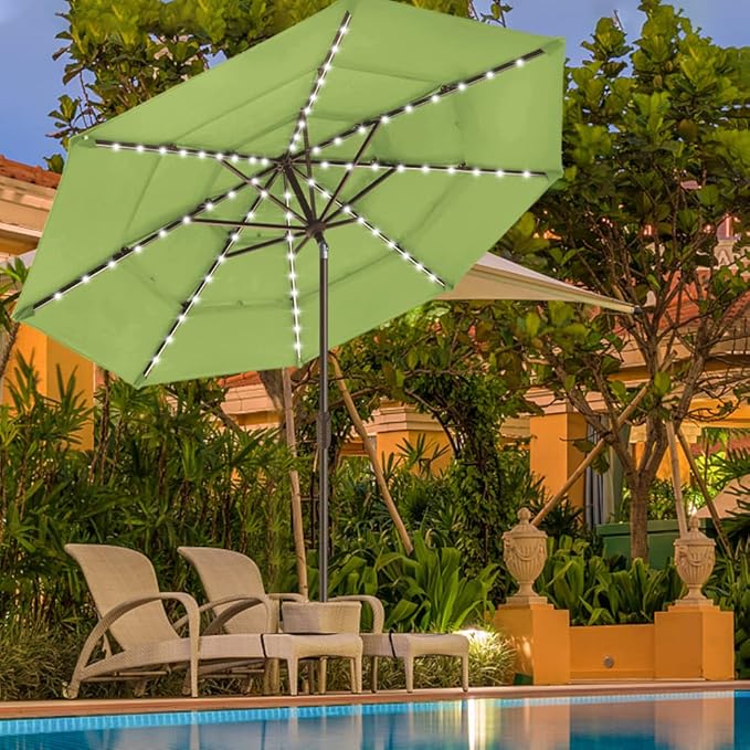 EliteShade USA 10-Year-Non-Fading Solar 9ft 3 Tiers Market Umbrella with 80 LED Lights Patio Umbrellas Outdoor Table with Ventilation,Macaw Green