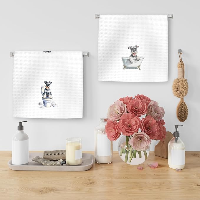 Funny Schnauzer Dog Hand Towels Set of 2, Gifts for Miniature Schnauzer Dog Owners Lovers, Puppy Pet Decor for Bathroom, Pet Lovers Gifts Toilet Hand Towels for Bathroom Washroom, 16x24In
