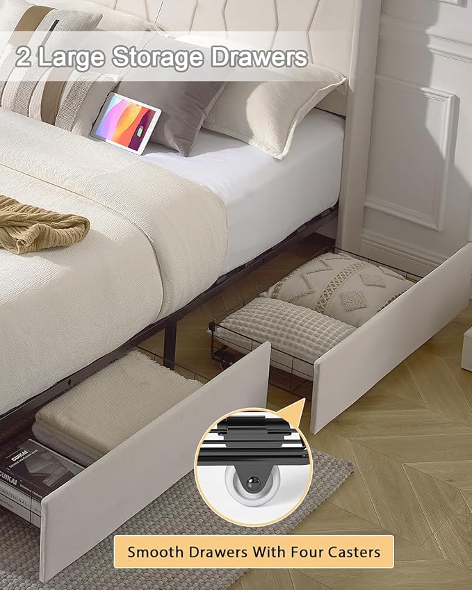 Full Size Bed Frame, Velvet Upholstered LED Platform Bed with Headboard Storage, Bed Frame Full Built-in Charging Station with 4 Drawers, Wood Slat Support, No Box Spring Needed, Beige