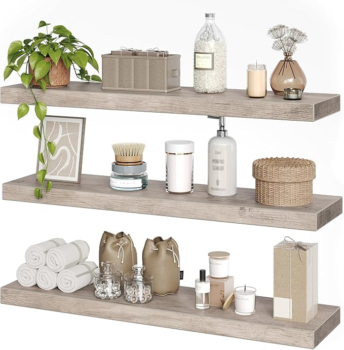Floating Shelves for Wall, 1.5" Thick Wall Shelf Set of 3 with Invisible Brackets, L31.5 x W7.9 Hanging Book Shelves Farmhouse Home Decor for Bathroom, Living Room, Bedroom, Greige 8301BJP3BG