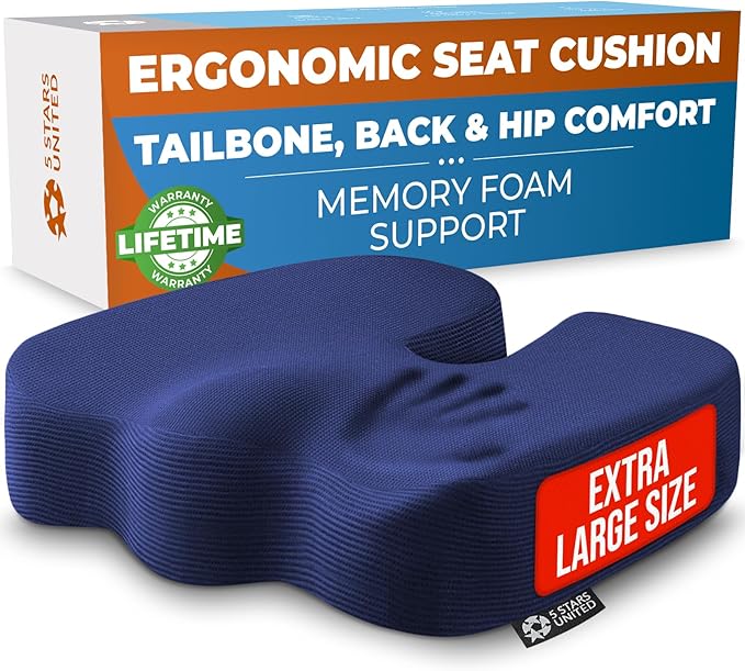 5 STARS UNITED Seat Cushion for Tailbone Pain Relief – Large Memory Foam Cushion for Coccyx, Hip, Sciatica & Post-Surgery Recovery – Wheelchair, Car, Desk, Gaming & Office Chairs, Blue