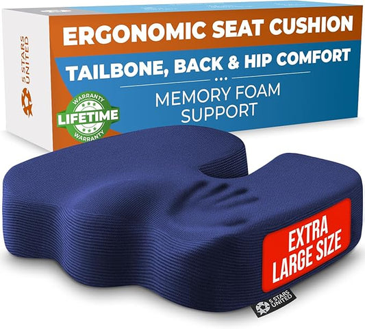 5 STARS UNITED Seat Cushion for Tailbone Pain Relief – Large Memory Foam Cushion for Coccyx, Hip, Sciatica & Post-Surgery Recovery – Wheelchair, Car, Desk, Gaming & Office Chairs, Blue