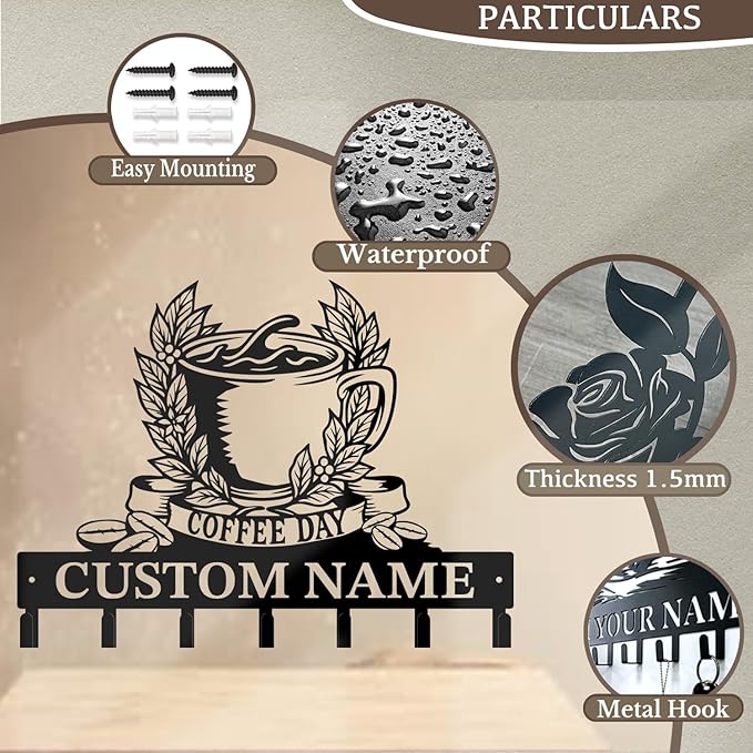 Coffee Bar Keys Holder - Metal Iron Wall Hooks with Custom Name | Personalized Home Decor & Gift Idea | Coffee-Themed Text Engraving Design (Style J)