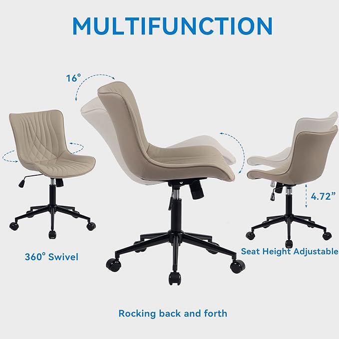 YOUNIKE Office Chair, Desk Chair with Wheels, Home Office Computer Task Chairs, Modern Faux Leather Padded Vanity Chair, Adjustable Swivel Armless Office Chairs with Back, Khaki