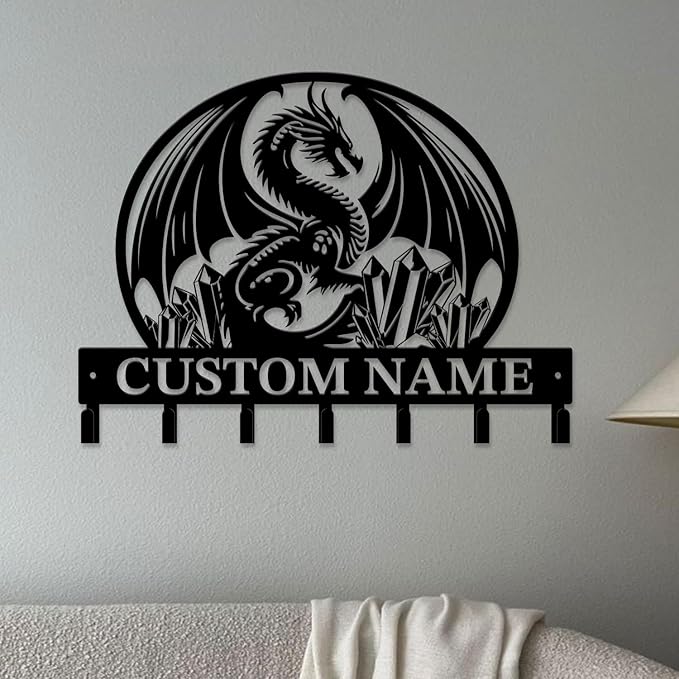Customized Name Key Hook - Evil Dragon Design Keys Holder Decor Black Iron Metal Wall Organizer for Home & Office (Multiple Sizes) (Style A)