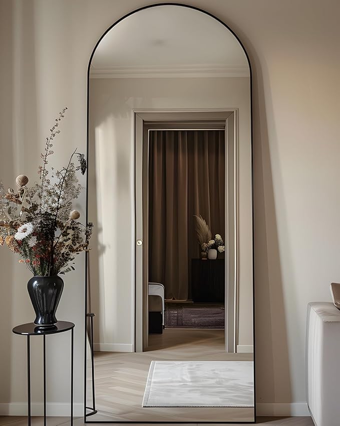 Full Length Mirror, 58"x18" Arched Floor Mirror Freestanding, Floor Standing Full Body Mirror with Stand for Bedroom, Hanging Mounted for Living Room Cloakroom, Black