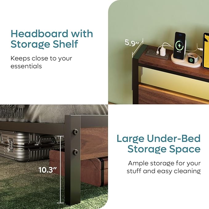 Bestier Twin Bed Frame with Storage Headboard and Charging Station, Walnut Platform Bed Frame with LED Light, Non-Slip Metal Bed Frame, Noise-Free, Easy Assembly,Brown