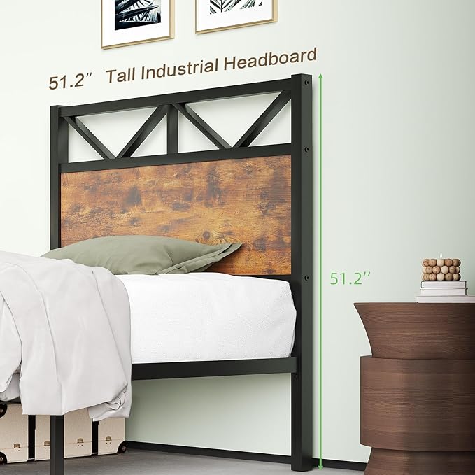 Twin Size Bed Frame with 51.2" Tall Headboard and Footboard, Platform Bed Frame with Metal Support, Solid and Stable, Noise Free, No Box Spring Needed, Rustic Brown