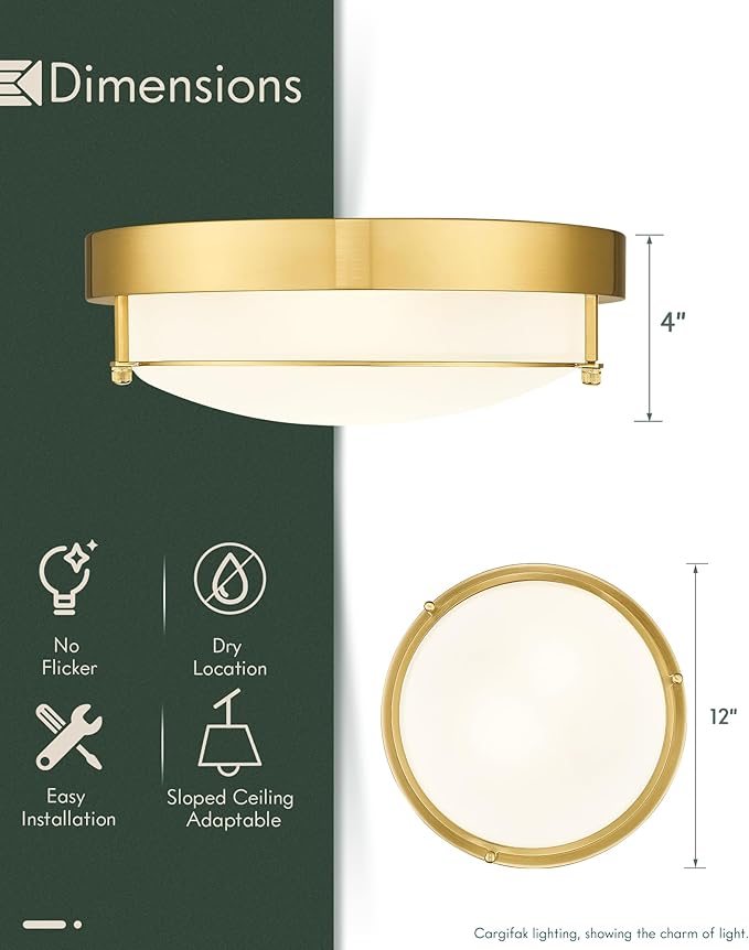 12 inch Flush Mount Light Fixture, 2-Light Modern Ceiling Light with Polished Gold Finish for Hallway Kitchen Laundry Bedroom, 4822-PG