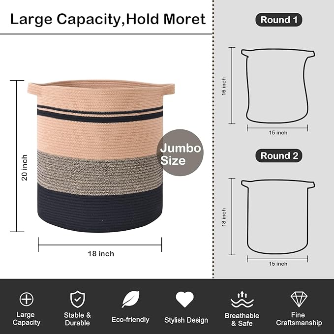 OIAHOMY 80L Laundry Baskets-Laundry Hamper,Storage Basket with Handles,Decorative Basket for Living room,Woven Storage Basket for Toys Bin,Pillows, Blankets,Clothes-20x18in-Yellow Black