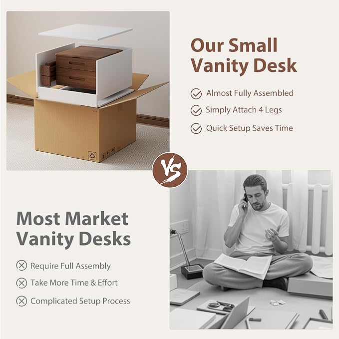 Solid Wood Small Vanity Desk with Mirror and Lights, Narrow Makeup Vanity for Small Space, Flip Top Vanity Side Table, 3 Color Modes & Adjustable Brightness, 15.7" Slim Dressing Table, Walnut