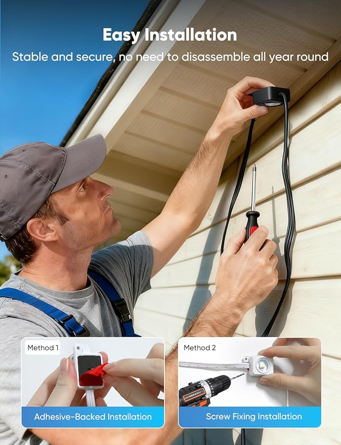 APPECK Permanent Outdoor Lights 300ft with 216 LED Lights, 108W Smart RGBW Eaves Lights, DC 36V, 40LM, IP67 Waterproof String Lights for Halloween Christmas Decor, Compatible with Alexa, Black