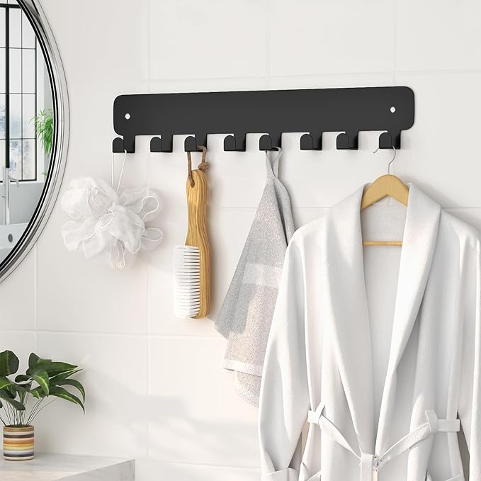 pickpiff Key Holder Wall Mount, Adhesive Key Rack with 8 Hooks Hanger for Car Key Ring, Metal Key Chain Organizer, Black 2 Pack